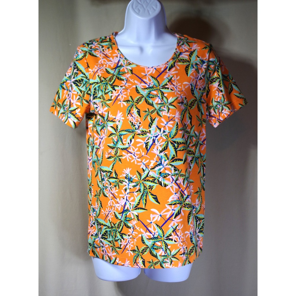 NWT Rebecca Malone Women's Size Small Orange Tropical Floral Short Sleeve Top